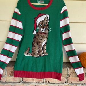 Ugly Christmas Sweater in Red and Green fuzzy cat large